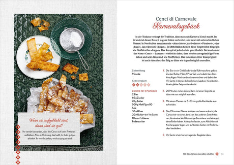 Bunte frittiertes Carnevalgebäck auf Papier und Teller, mit Salz, Zucker und einem Glas Wasser.