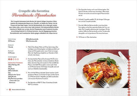 Bilderbeschreibung: Fertiges Crespelle alla fiorentina auf einem weißen Teller mit Basilikum, auf rotem Tisch.
