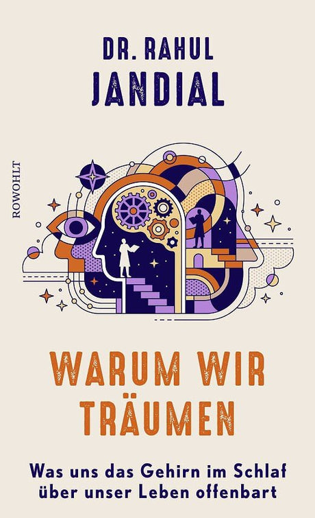 Buchcover mit Titel, Autor, Illustrationen von Köpfen, Zahnrädern, Treppen und Figuren, sowie Untertitel zum Gehirn im Schlaf.