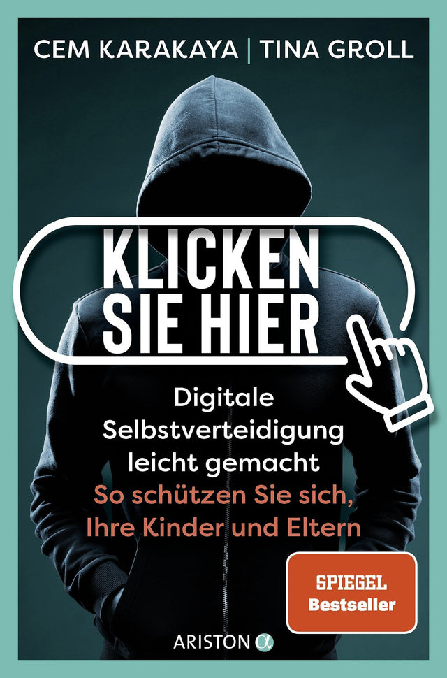 Buchcover mit einer Person in Kapuzenjacke und Kapuze, Text in weißen und roten Buchstaben, Hand-Icon, grüner Hintergrund.