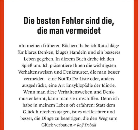 Zitat von Rolf Dobelli über Fehlervermeidung und Lebensweisheiten, Text in deutscher Sprache.