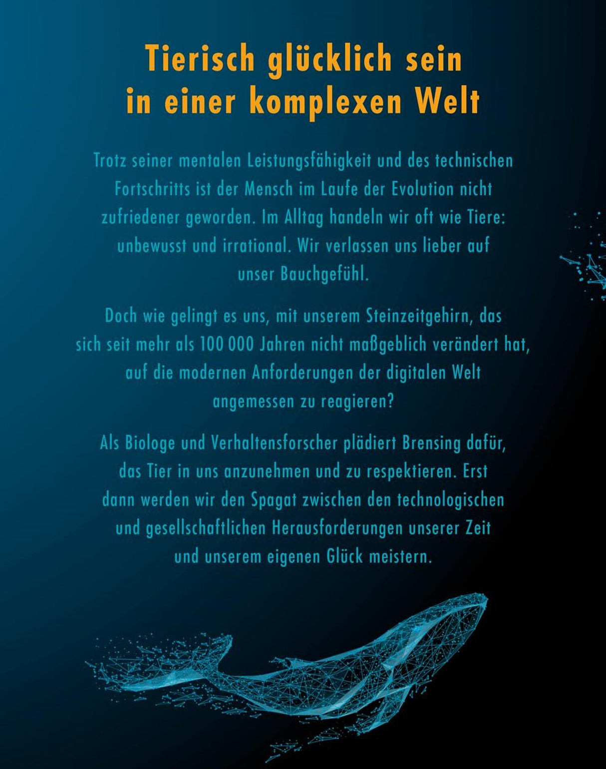 Text über Tierwohl, mit digitaler Illustration einer Wale aus Linien und Punkten.