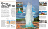 Großer Geysir, der Wasser in die Luft schießt, mit Himmel und grüner Landschaft im Hintergrund.