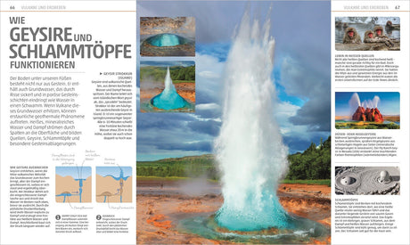 Großer Geysir, der Wasser in die Luft schießt, mit Himmel und grüner Landschaft im Hintergrund.