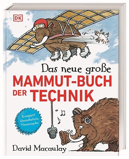 Buchcover mit Illustration eines Mammuts im Flug, das mit einem Satellitensystem fliegt, und eines singenden Bären mit Kopfhörern.