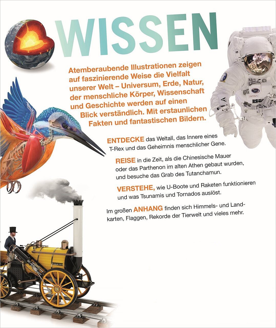 Text mit bunten Überschriften, eine Vogelskulptur, ein Astronaut und eine alte Dampflokomotive.