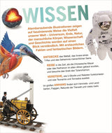 Text mit bunten Überschriften, eine Vogelskulptur, ein Astronaut und eine alte Dampflokomotive.