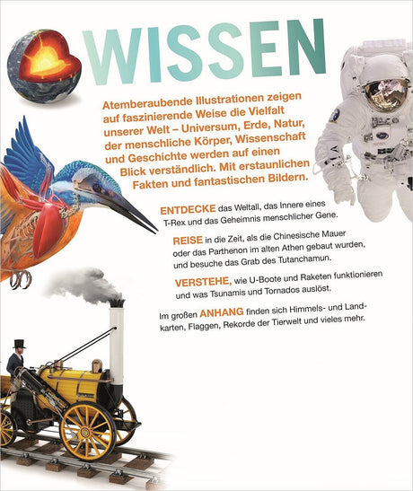 Text mit bunten Überschriften, eine Vogelskulptur, ein Astronaut und eine alte Dampflokomotive.