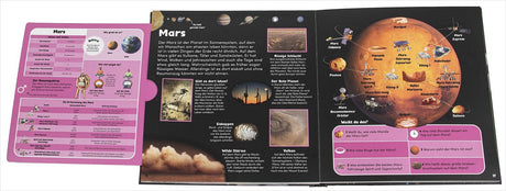 Informationsblatt über den Planeten Mars mit Bildern, Fakten, Sandsturm, Vulkan, Raumfahrt und Quizfragen.