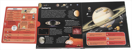 Doppelseitiges Infoblatt über den Planeten Saturn, mit Bildern, Fakten, Ringen und Fragen zum Planeten.