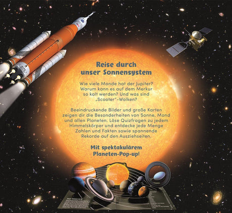 Illustration eines Sonnensystems mit Rakete, Satellit und Planeten, dazu Text über eine Reise durch das Sonnensystem.