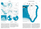 Skizze und Karten von Gletschern, Weltkarten, und eine Illustration des Eisschelfs im Kielwasser der Eisberge.