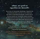 Text über das Universum, Sterne und philosophische Fragen vor einem Hintergrund mit Sternen und Galaxien.