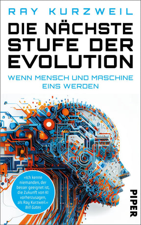 Buchcover mit einem digitalen, mechanischen Menschenkopf aus blauen, orangefarbenen und weißen Teilen.