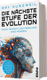 Buchcover mit Titel "Die nächste Stufe der Evolution" und einem digitalen, robotischen Kopf aus blauen, orangefarbenen und weißen 