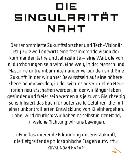 Titel: "DIE SINGULARITÄT NAHT" mit Text über Zukunftsforscher Ray Kurzweil und KI-Entwicklung.