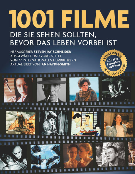 Buchcover mit Titel "1001 Filme, die man sehen sollte, bevor das Leben vorbei ist" und Fotos von Filmszenen.