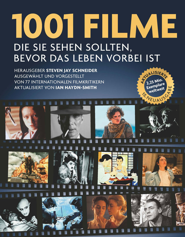 Buchcover mit Titel "1001 Filme, die man sehen sollte, bevor das Leben vorbei ist" und Fotos von Filmszenen.