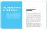 Doppelseite mit blauer Überschrift auf der linken Seite und Text auf der rechten Seite, Thema Datenschutz und Privatsphäre.