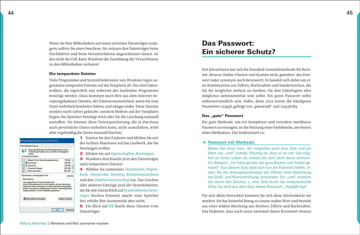 Zwei Seiten eines Buchs oder Dokuments, Titel: "Das Passwort: Ein sicherer Schutz?", Text mit Überschriften und einem Screenshot.