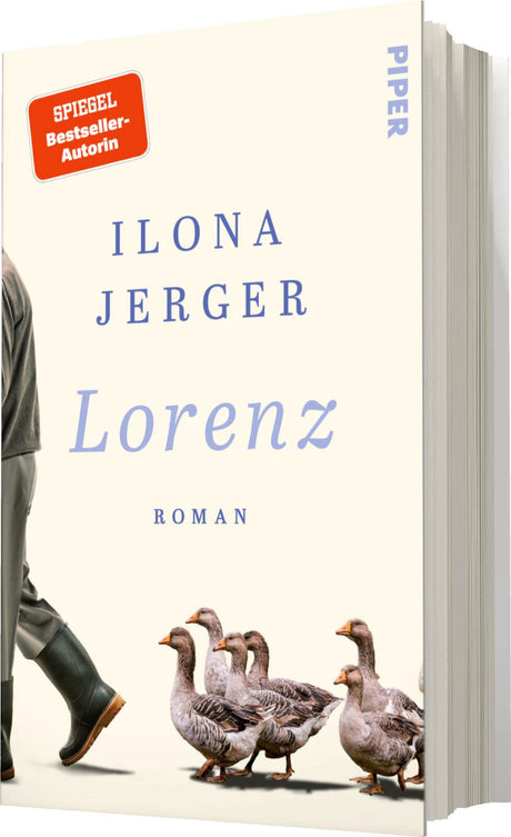 Buchcover mit dem Titel "Lorz" von Ilona Jerger, zeigt einen Teil eines Menschen mit Gummistiefeln und mehrere Gänse am Boden.