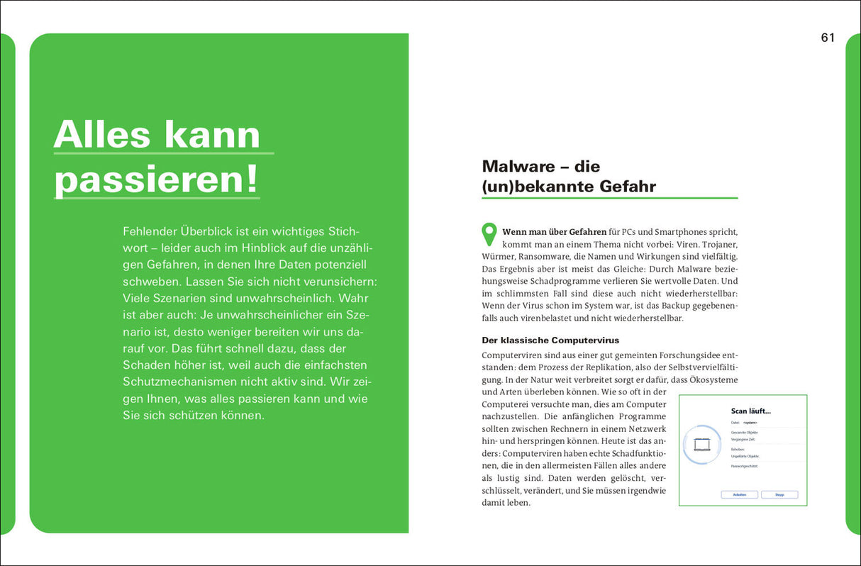 Doppelseite mit grünen Überschriften, Text in Schwarz, und einem kleinen Screenshot eines Scan-Tools.