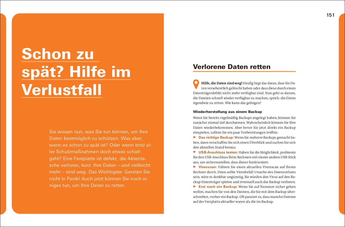 Seitenlayout mit orangefarbenem Titelblock "Schon zu spät? Hilfe im Verlustfall" und Text zu Datenrettung auf weißem Hintergrund.