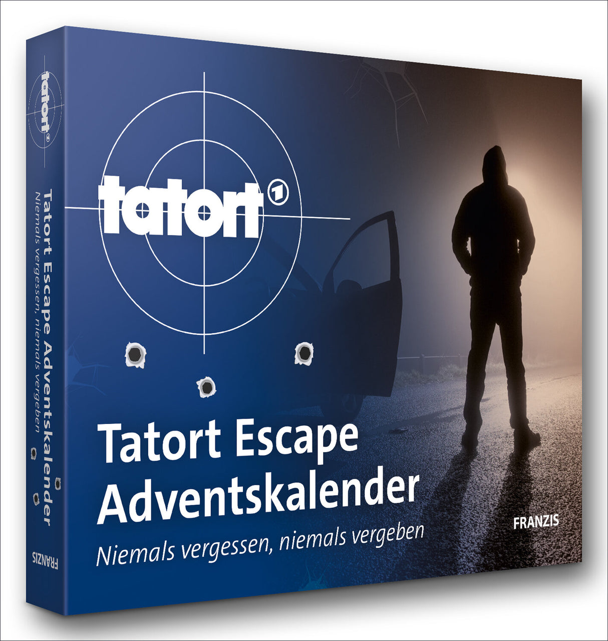 Buchcover mit Titel "Tatort Escape Adventskalender" und Untertitel "Niemals vergessen, niemals vergeben", Silhouette einer Person 