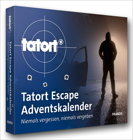 Buchcover mit Titel "Tatort Escape Adventskalender" und Untertitel "Niemals vergessen, niemals vergeben", Silhouette einer Person 