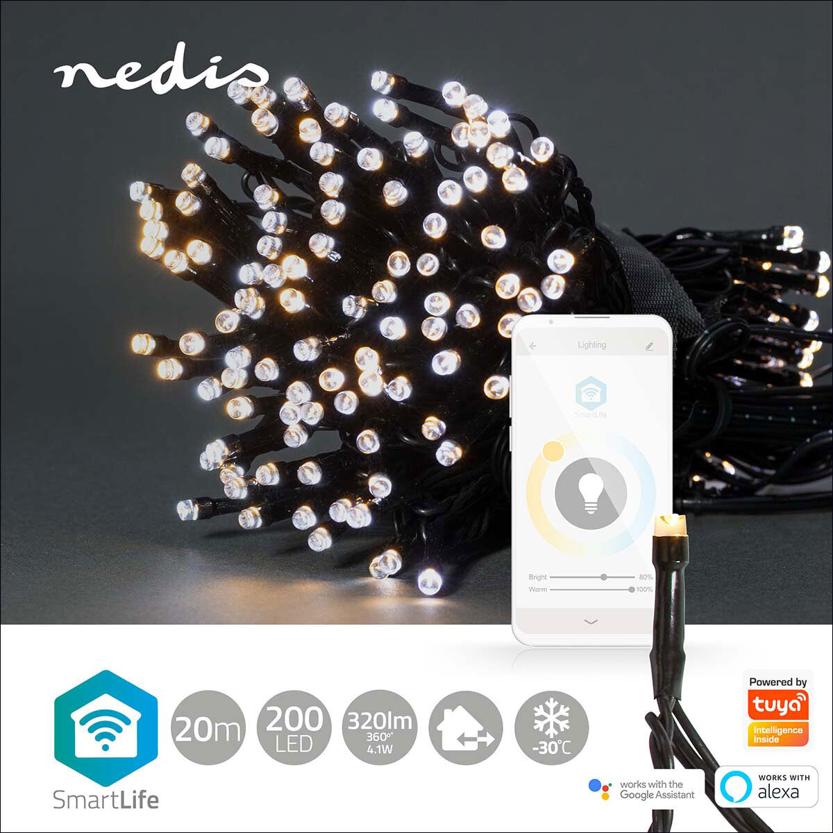 Lichterkette mit 200 LEDs, steuerbar via Smartphone-App, dimmbar, bis 20 m Reichweite, funktioniert bei -30°C.