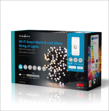 Verpackung eines Wi-Fi Smart Lichts mit bunten, leuchtenden LED-Strings, 8 Modi, dimmbar, für Innen- und Außenbereich.