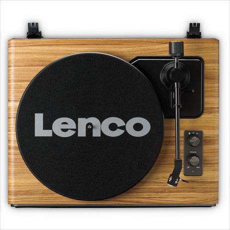 Plattenspieler mit Holzgehäuse, schwarzem Tonarm und schwarzem Plattenteller mit "Lenco" Schriftzug.
