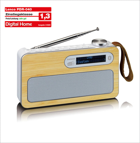 Tragbarer Radio mit Holzoptik, Digitalanzeige, Antenne, Bluetooth-Logo und Trageband.