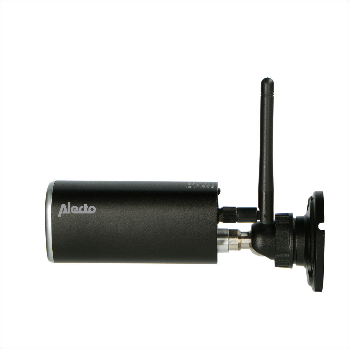 Schwarzer WLAN- oder Funk-Antennen-Adapter mit Antenne, seitlich an einem schwarzen Gehäuse befestigt.