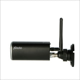 Schwarzer WLAN- oder Funk-Antennen-Adapter mit Antenne, seitlich an einem schwarzen Gehäuse befestigt.