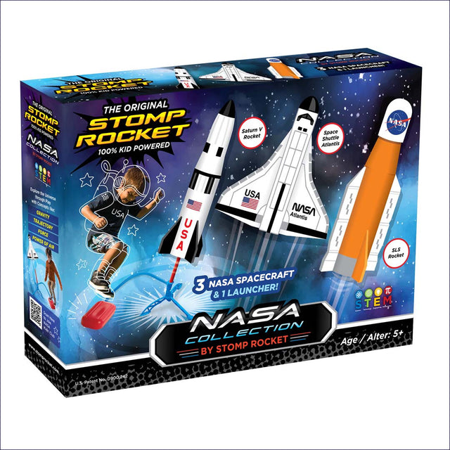Spielzeug-Set mit drei NASA-Raketen und einem Launcher, für Kinder ab 5 Jahren.