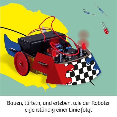 Roboter mit buntem Design, auf einer grünen Fläche, mit elektronischen Bauteilen und rot leuchtenden LEDs.