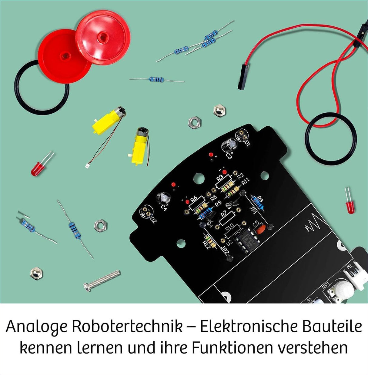 Elektronische Bauteile, Leiterplatte, Kabel, Widerstände, LEDs, Muttern, Schrauben auf grünem Hintergrund.