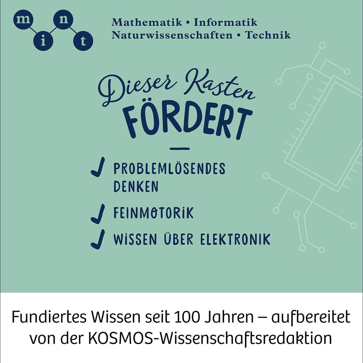 Grafik mit Text über Mathematik, Informatik, Naturwissenschaften und Technik, mit Sätzen und Häkchen, auf grünem Hintergrund.