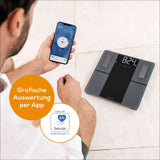 Person hält Smartphone mit Blutzucker-App, Blutzuckermessgerät zeigt 82,4 mg/dl. Text: "Grafische Auswertung per App".