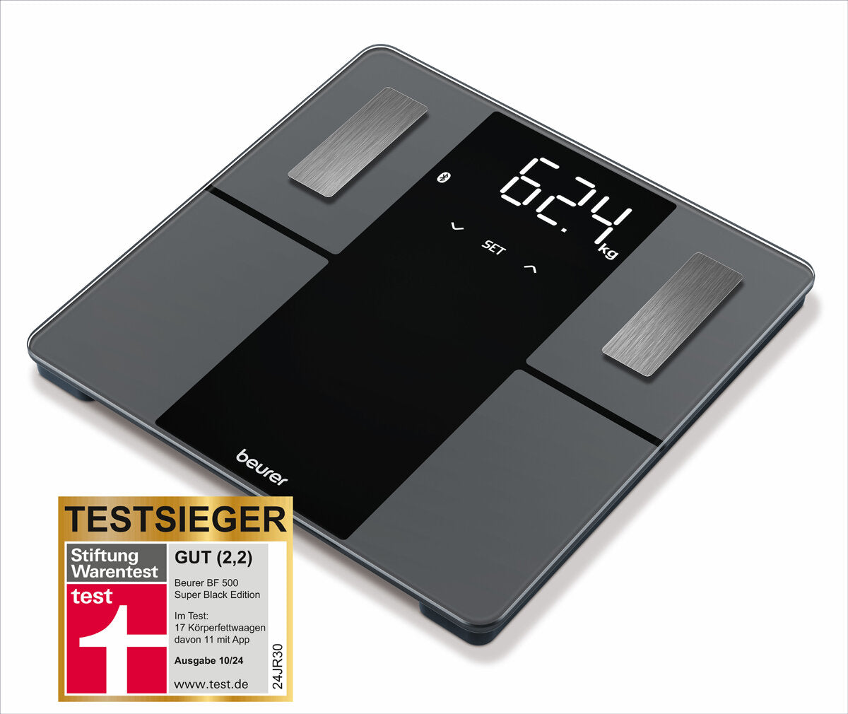 Digitale Personenwaage mit schwarzem Display, zeigt 62,4 kg, mit Beurer-Logo.