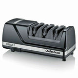 Elektrischer Brotmesser- und Wurstaufschnitt mit vier Einstellknöpfen, schwarzes Gehäuse, Marken: Graef und Chef'sChoice.