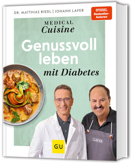 Buchcover mit Titel "Genussvoll leben mit Diabetes", zwei Männer, ein Arzt und ein Koch, und ein Gericht mit Nudeln und Gemüse.