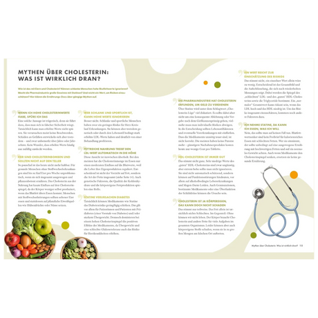 Ernährungs-Docs: Cholesterin senken – unsere 100 besten Rezepte: Doppelseite über Cholesterin-Mythen mit Stethoskop