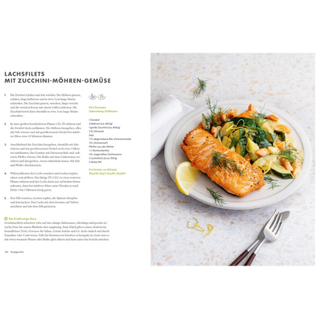Ernährungs-Docs: Cholesterin senken – unsere 100 besten Rezepte: Doppelseite mit Lachsfilets und Zucchini-Möhren-Gemüse