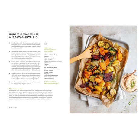 Ernährungs-Docs: Cholesterin senken – unsere 100 besten Rezepte: Doppelseite mit buntem Ofengemüse und Ajvar-Skyr-Dip