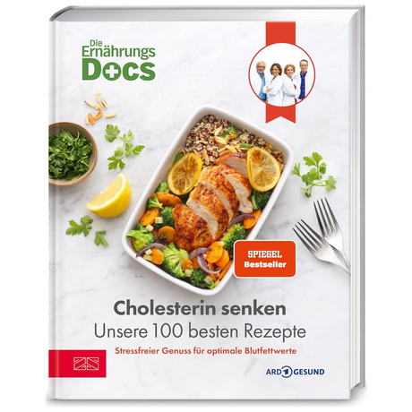 Ernährungs-Docs: Cholesterin senken – unsere 100 besten Rezepte: Buchcover mit Hähnchengericht und Gemüse