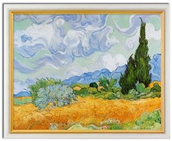 Landschaft mit Wolken, Bäumen und Feldern in leuchtenden Farben, im Rahmen.