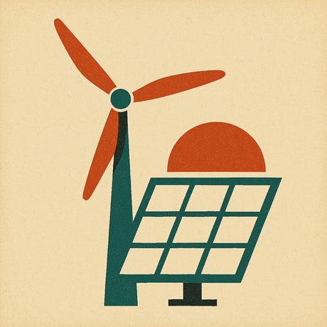 Illustration eines Solarpanels und einer Windturbine, die erneuerbare Energien symbolisieren.