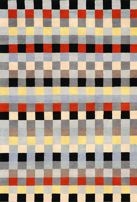 Muster aus bunten Quadraten in Schwarz, Rot, Grau, Beige, Hellblau und Gelb.